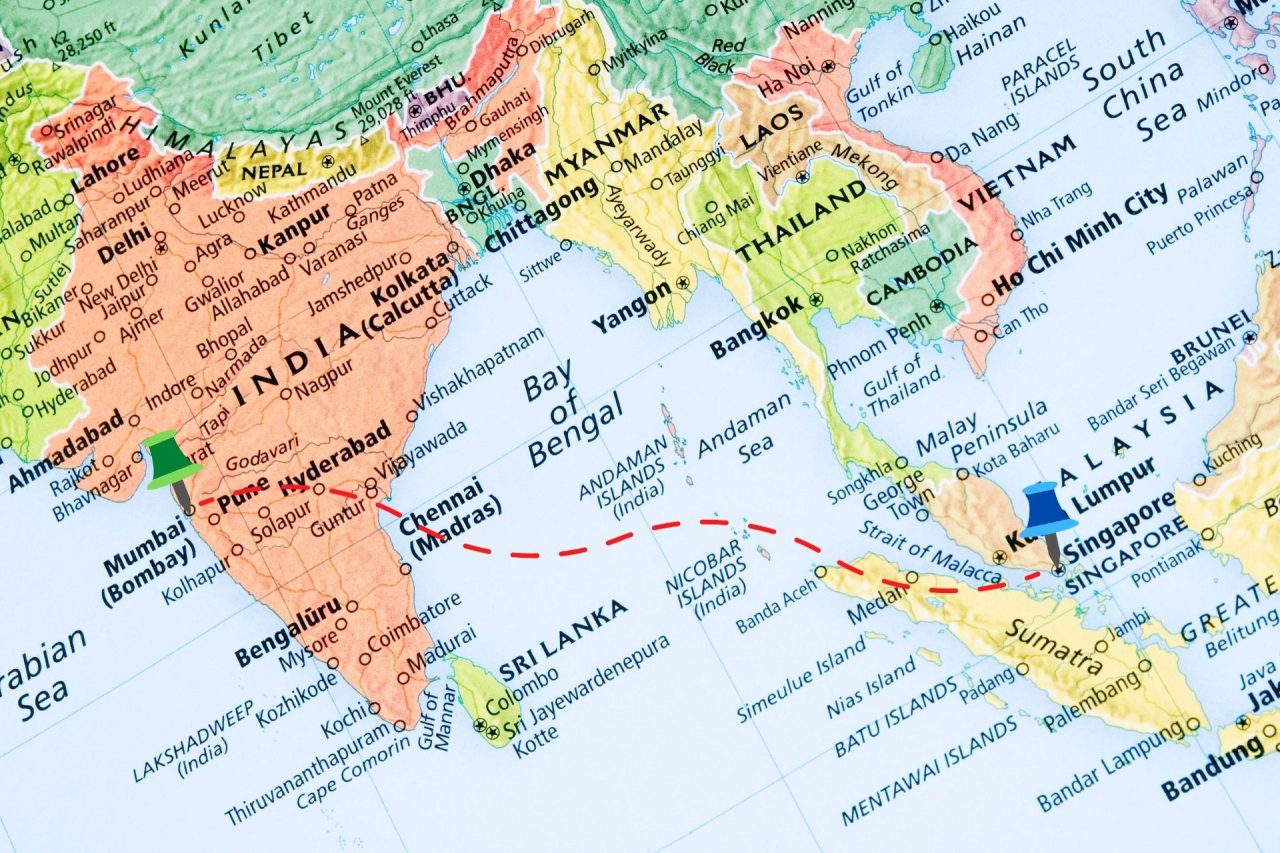 India to Singapore Map
